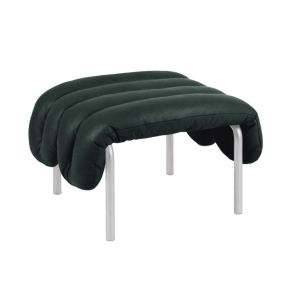 Puffy Ottoman - Dark Green Leather/Stainless