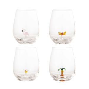 Misa Drinking Glass Set of 4 - Coconut, Flamingo, Flower,Butterfly
